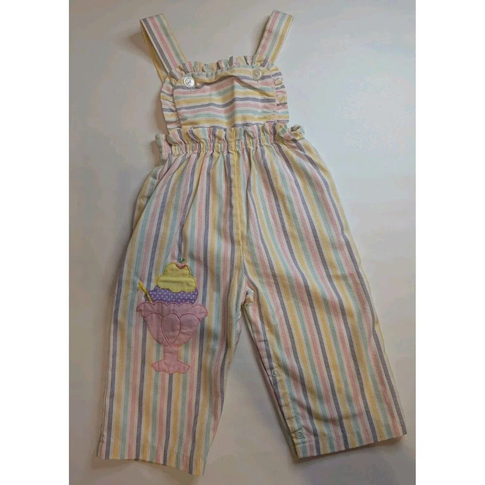 Vintage 80s Tiny Tots Pink Yellow Striped Overalls Ice Cream Cone Size 18 Months